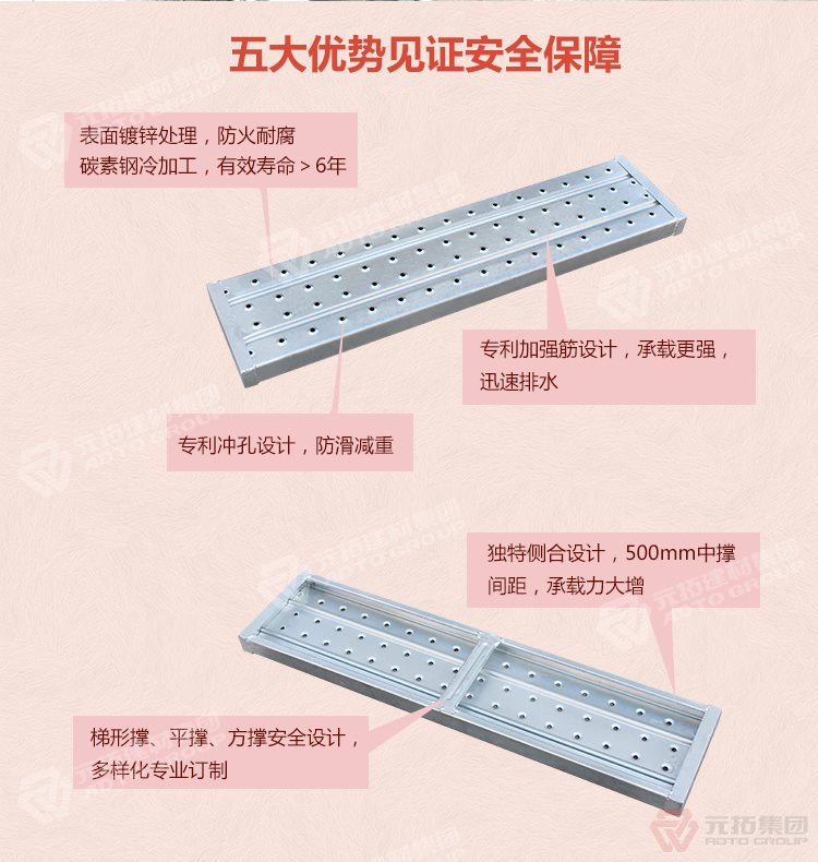 元拓 鍍鋅鋼跳板 鍍鋅鋼踏板 高強(qiáng)度防滑踏板 優(yōu)質(zhì)低價(jià) 五大優(yōu)勢見證安
全保障，表面鍍鋅處理，防火耐腐，碳素鋼冷加工，壽命大于6年，加強(qiáng)筋設(shè)計(jì)，專業(yè)沖孔，防滑設(shè)計(jì)，