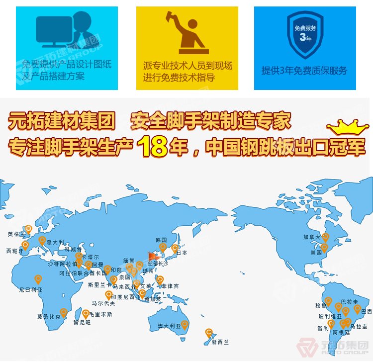 元拓建材集團(tuán)，安全腳手架制造專家！專注腳手架生
產(chǎn)18年，中國鋼跳板出口冠軍！